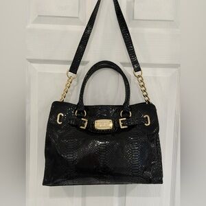 Michael Kors Black Snake-Embossed Shoulder /crossbody Bag with Gold Chains